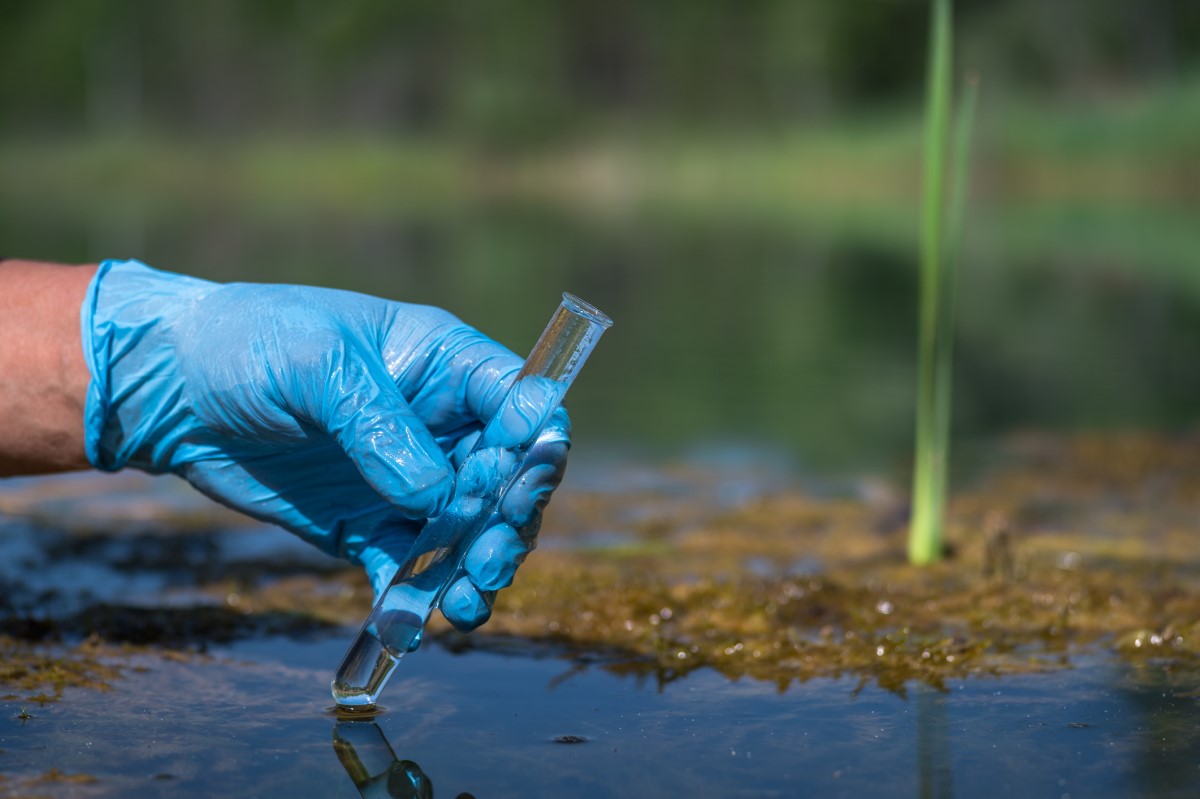 Mano enguantada, sujetando un tubo de ensayo, tomando una muestra de agua