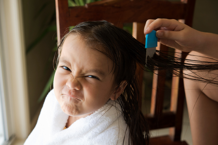 Una chica con el ceño fruncido a la que cepillan el pelo