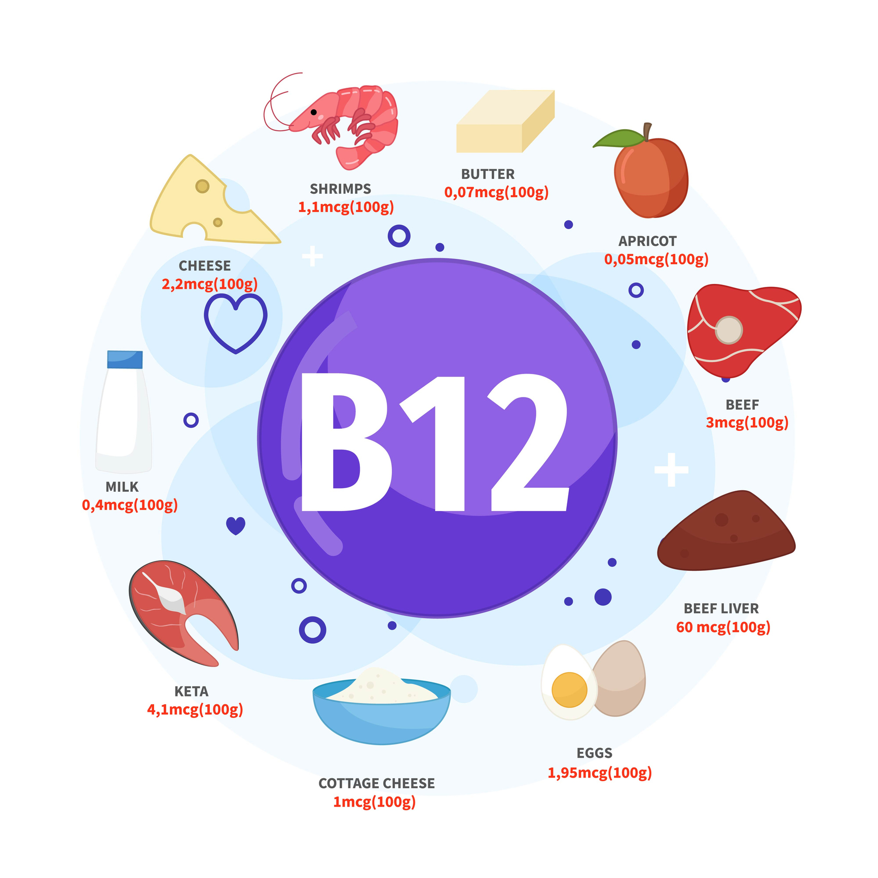 Las mejores fuentes de vitamina B12 son la mantequilla, los albaricoques, la ternera, el hígado de ternera, los huevos y el requesón, la keta, la leche, el queso y las gambas. 