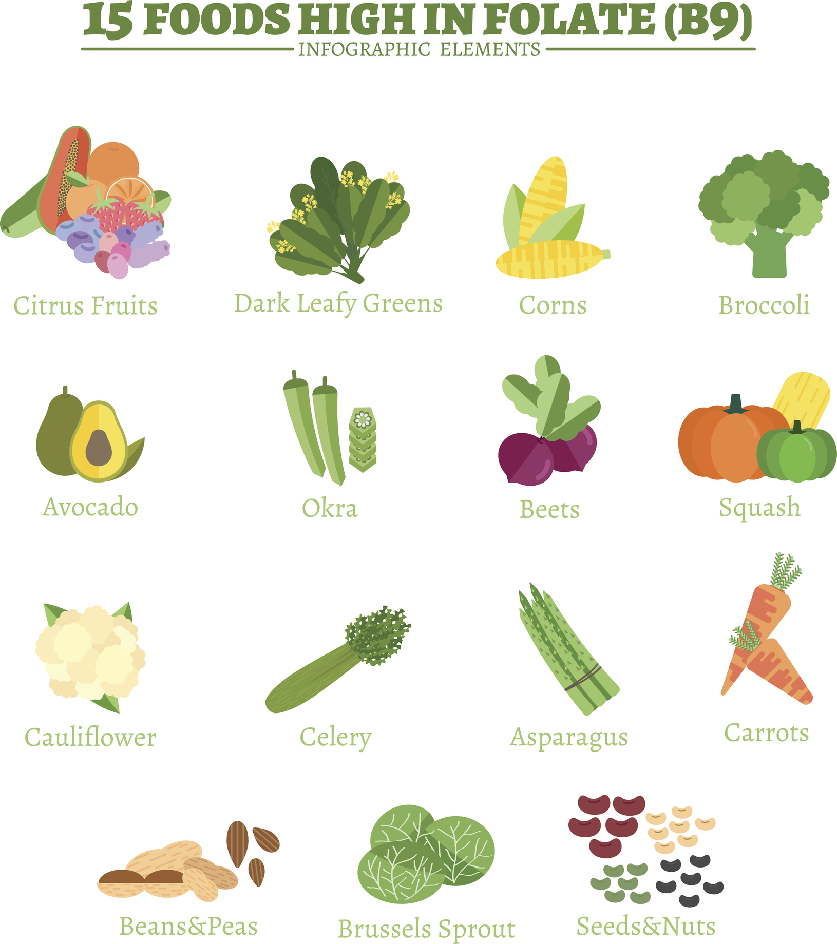 Entre las fuentes importantes de vitamina B9 se encuentran los cítricos, las verduras de hoja verde oscura, el maíz, el brécol, el aguacate, la okra, la remolacha, el zumo de remolacha, la coliflor, el apio, los espárragos, las zanahorias, las judías y los guisantes, las coles de Bruselas, las semillas y los frutos secos. 