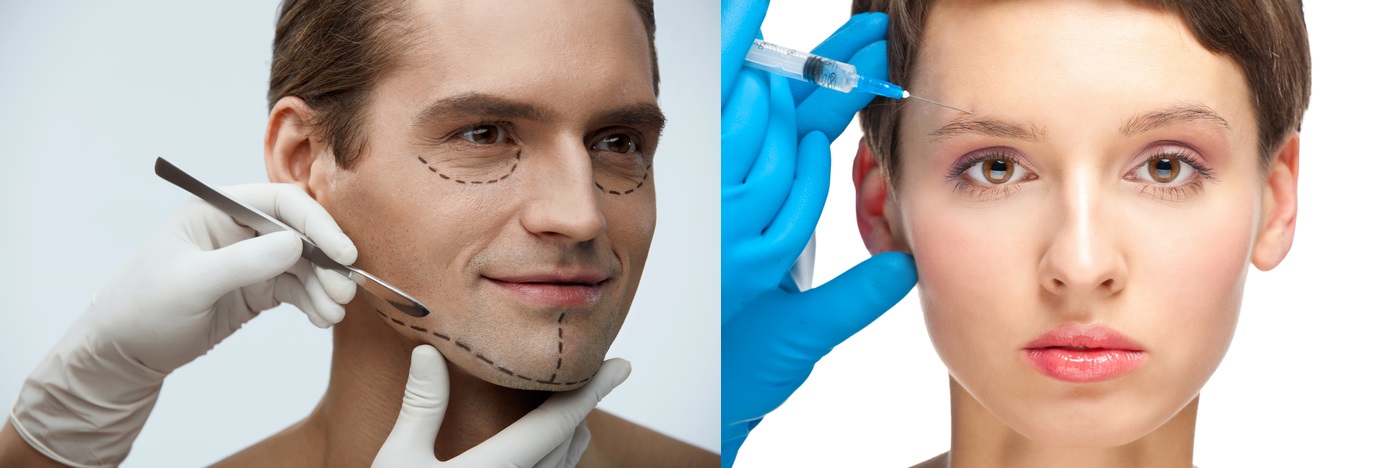 Cara masculina y femenina como ejemplo de asimetría facial y la necesidad de cirugía plástica y la condición después de la inyección de Botox.